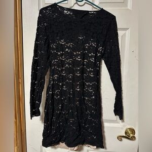 Express Elegant Black Lace Long Sleeve Dress